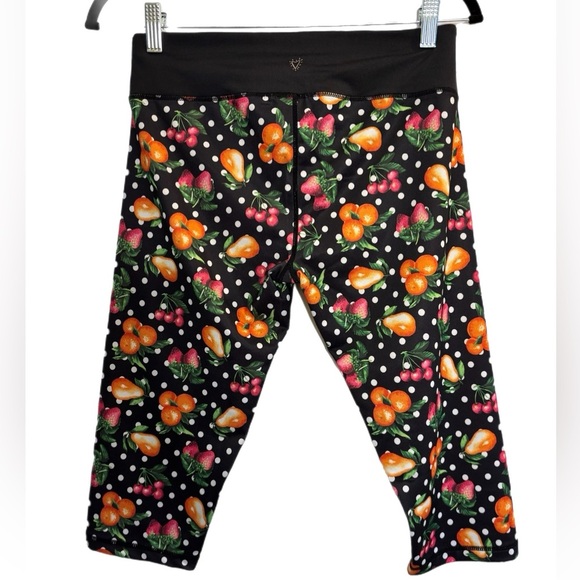 Betsey Johnson performance black capri leggings w/ polka dot & fruit print - Picture 2 of 3